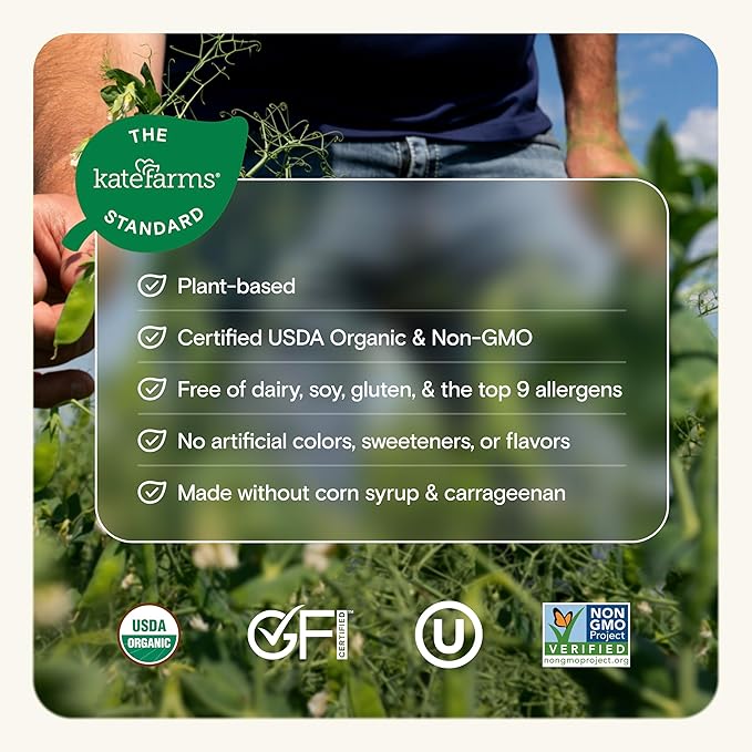 KATE FARMS Organic High Protein Strawberry Nutrition Shake, 25g Protein, 6g Fiber, 27 Vitamins and Minerals, 0g Sugar, Protein Drink, 11 oz (6 Pack)-FlexoryFit