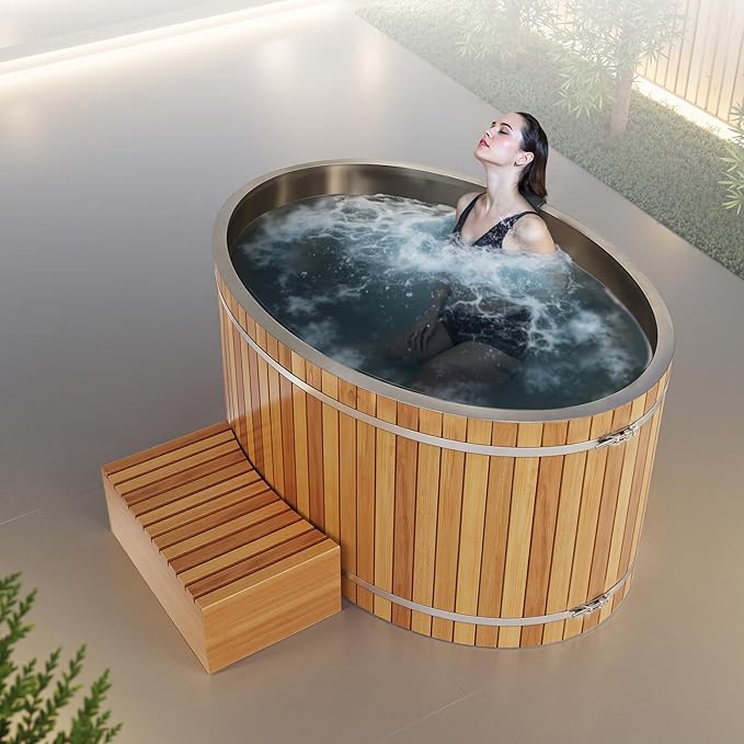 Premium 62-in. Oval Cedar Wood Cold Plunge and Hot Tub with Stainless Steel Interior, Wooden Step, Foldable Thick Cover, Headrest, and Barrel Hoop for Indoor and Outdoor Recovery Use – Tub Only