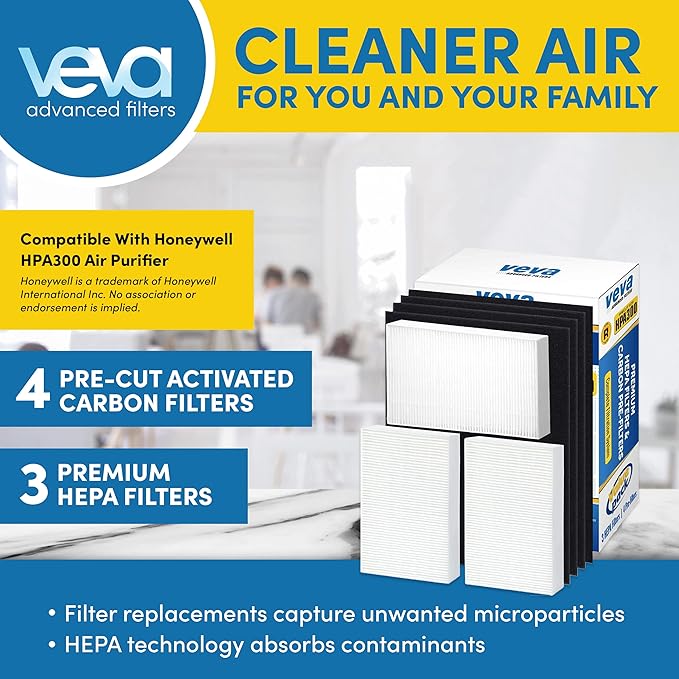 VEVA HPA300 HEPA Filter Replacement Compatible with Honeywell Air Purifier - 3 Pack of HEPA Filters w/ 4 Precut Activated Carbon Pre-Filters & Replacement Filter R