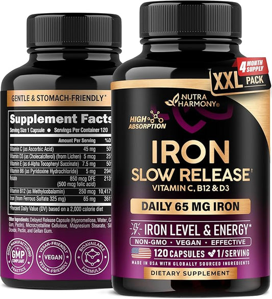 Iron Supplement for Women - Iron 65mg (Ferrous Sulfate 325mg) - Stomach Friendly | Slow Release Iron | High Absorption - Vitamins C, D3, B6, B12 & Folate - Iron Level & Energy Support - 120 Capsules-FlexoryFit
