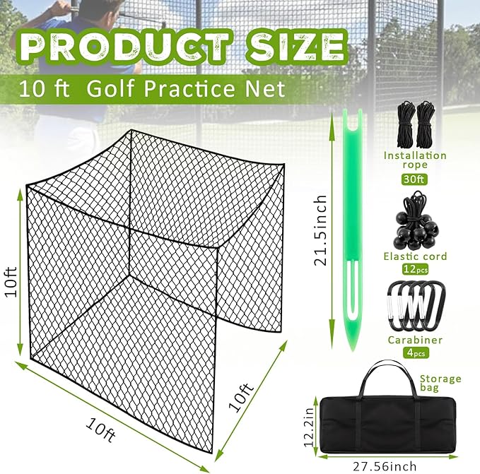 Soulchen 10 Feet Golf Batting Cage Netting Golf Practice Hitting Nets with 12 Spring Snaps 1 Storage Bag 4 Clips 1 Quick Installation Tool 1 Rope for Indoor, Outdoor & Backyard Practicing