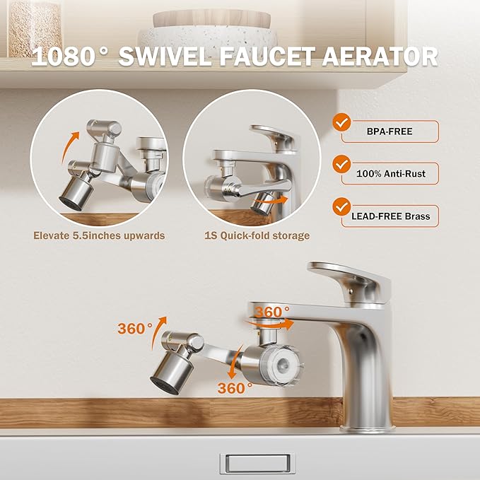 Frizzlife Splash-proof Water Filter for Sink Faucet, Certified Reduce 99% Chlorine, Odor, 1080° Rotating Tap Aerator, 2 Modes Spray Attachment for Kitchen/Toddlers/Bathroom Sink Filter, 9pcs Filter