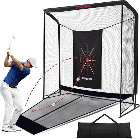 Golf Net, 10x7ft/8x8ft Golf Enclosure Net with Side Barriers/Auto-Ball Return, Low-Noise Target, Carry Bag, 4 Stakes, Hitting Practice Net for Backyard Driving Chipping Indoor Outdoor Use
