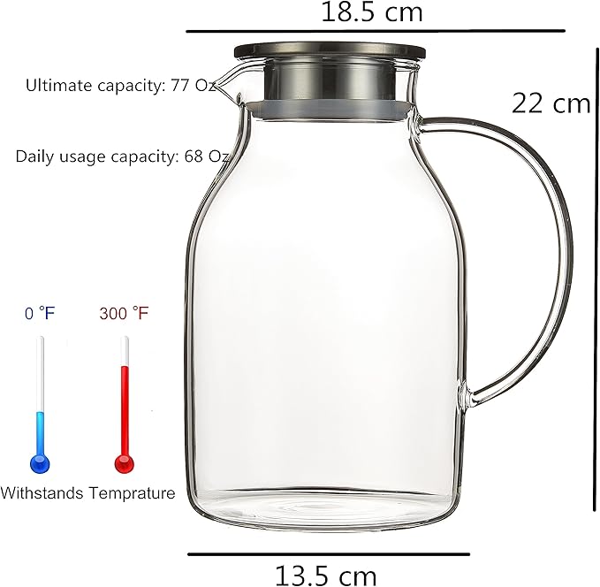 Karafu 68 Oz/2 Liter Glass Pitcher with Lid, Heat Resistant Water Jug for Hot/Cold Water, Ice tea and Juice Beverage