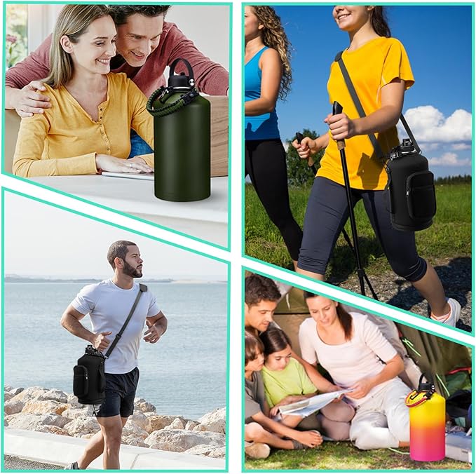 128 OZ Insulated Water-Bottles with Strap - 1 Gallon Water Jug with Straw & Spout Lid, Stainless Steel Large Water Bottle Leak Proof, Cold-48h Hot-24h Metal Water Flask w/Paracord Handle, Carrier Bag-FlexoryFit