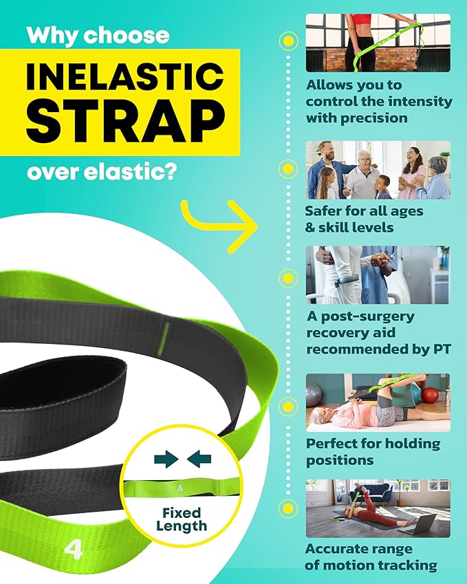 Stretching Strap with Loops - Non Elastic Stretch Band for Physical Therapy, Yoga Strap for Stretching Equipment, Stretch Bands for Exercise and Flexibility - Fascia, Hamstring & Leg Stretcher Belt-FlexoryFit