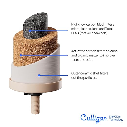 Culligan with MaxClear Technology 3 Gallon Gravity Water Filter System, Brushed Countertop Ceramic Water Filter NSF/ANSI Certified to Reduce Lead, Microplastics & Total PFAS, with 3 Filters