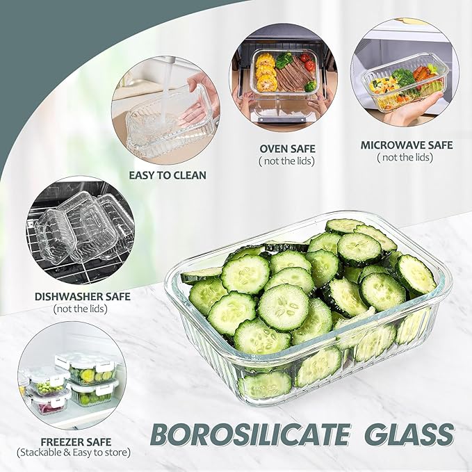 10 Packs Glass Food Storage Containers Set, Glass Meal Prep Containers with Lids, Airtight Lunch Containers, Microwave, Oven, Freezer and Dishwasher Safe, White-FlexoryFit