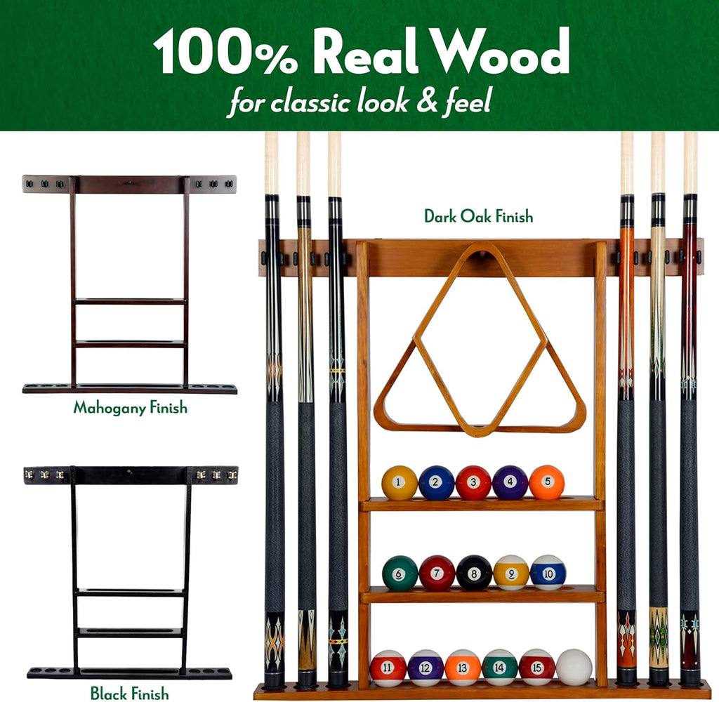 Iszy Billiards Pool Cue Rack - Billiard Pool Stick and Ball Holder Only - 100% Wood Wall Mount Holds 6 Cues and 16 Balls - Pool Table Accessories, Mahogany
