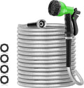 75ft 304 Stainless Steel Garden Hose Metal, Heavy Duty Water Pipe with Nozzles for Yard, Outdoor - Flexible, Never Kink & Tangle, Puncture Resistant (Sliver)