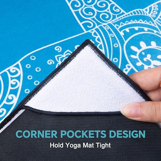 QiyI Yoga Mat Towel with Corner Pockets, Non Slip Sweat Absorbent Hot Yoga Towels, Soft Yoga Blankets with Travel Bag, Skidless Mat Cover for Workout, Gym, Fitness - 70"x26", Blue Mandala Elephant-FlexoryFit