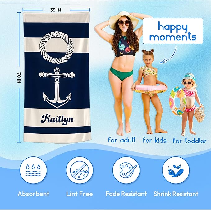 JML Personalized Beach Towel with Name, Custom Anchor Beach Towel, Customized Microfiber Pool Towel, Quick Dry & Absorbent Swim Towel for Adult,Mother's Day, Birthday, Summer Holiday,Vacation-FlexoryFit