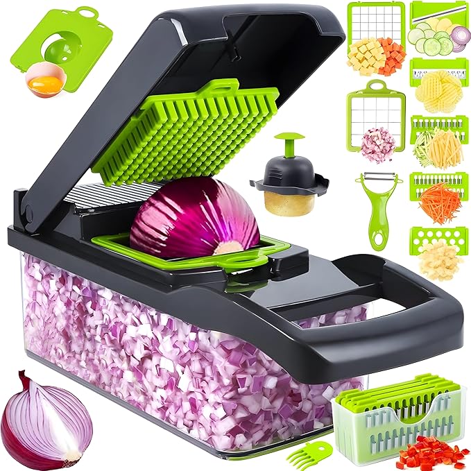 16-in-1 Vegetable Chopper & Slicer | Stainless Steel Mandoline Cutter with Onion Dicer, Grater, Spiralizer, Julienne Blades | Multifunctional & Manual Kitchen Tool I Lightweight & Easy To Use-FlexoryFit