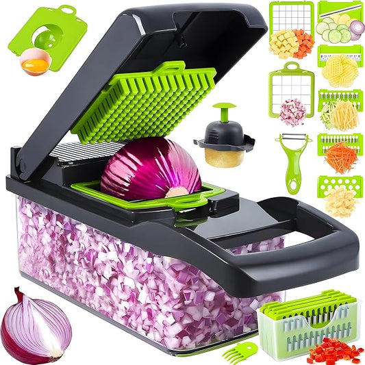 16-in-1 Vegetable Chopper & Slicer | Stainless Steel Mandoline Cutter with Onion Dicer, Grater, Spiralizer, Julienne Blades | Multifunctional & Manual Kitchen Tool I Lightweight & Easy To Use-FlexoryFit