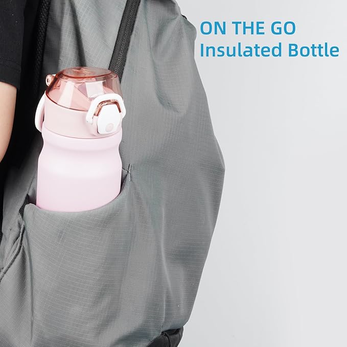 Insulated Water Bottle with Straw and Carry Loop,18 oz Stainless Steel Double Wall Vaccum Metal Water Flask with Leak-proof Lid,Cherry-FlexoryFit