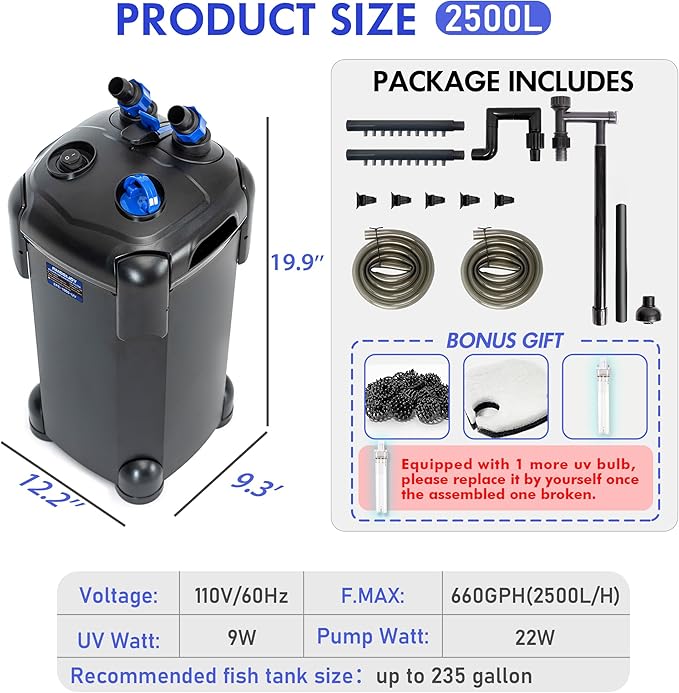 AMOSIJOY 660GPH Ultra-Quiet Canister Filter, 3-Stage External Aquarium Filter with Free Media for Large Fish Tanks and Aquariums
