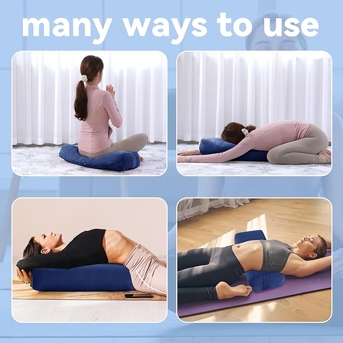 ROYALAY 2 Pcs Yoga Bolster Pillow for Restorative Yoga, Rectangular and Cylinder Meditation Pillow Set with Carrying Handles, Supportive Cushion for Exercise Workout Stretching Meditation,Dark Blue-FlexoryFit