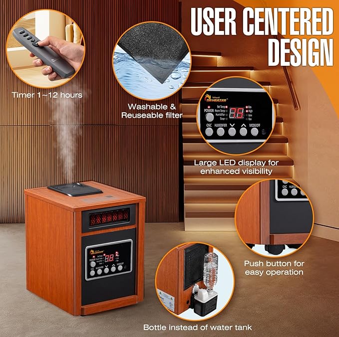 Dr Infrared Heater DR-998, 1500W, Space Heater with Humidifier, Oscillation Fan & Remote Control (Cherry)