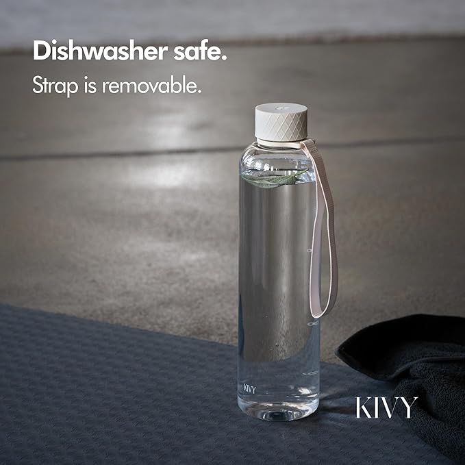 KIVY Slim Water Bottle 32oz [Lightweight & Shatterproof] Fits Backpack & Cupholder for Travel, Sports, School, Gym - Clear water bottle with measurements - Transparent Tritan Beige - Dishwasher Safe-FlexoryFit