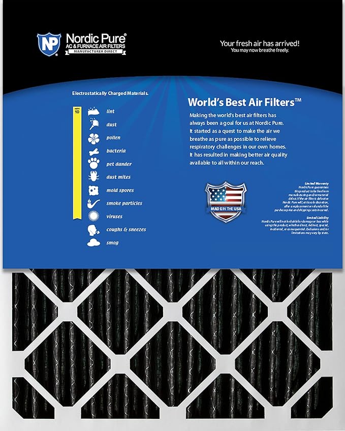 Nordic Pure 14x25x2 (13 1/2 x 24 1/2 x 1 3/4) Furnace Air Filters MERV 10 Pleated Plus Carbon 3 Pack
