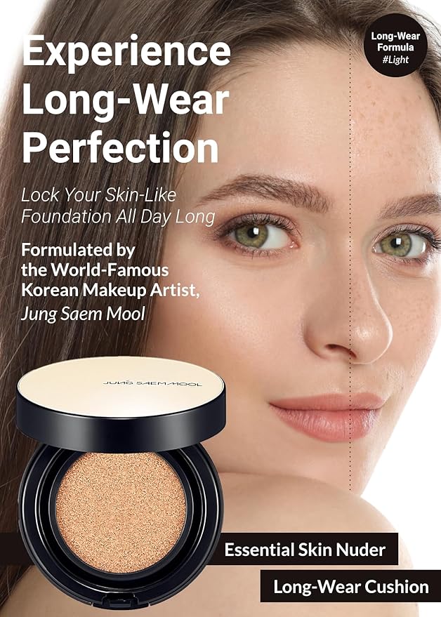 JUNG SAEM MOOL Essential Skin Nuder Longwear Cushion 0.98 Fl Oz (Light), Refill Included, 24H Lasting Cushion Foundation with High Coverage, Semi-Matte Natural Finish, Korean Foundation Makeup-FlexoryFit