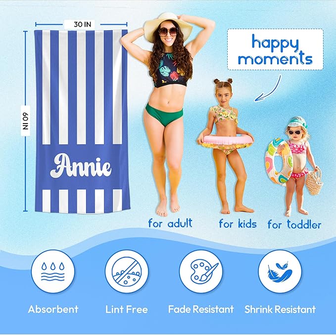 JML Personalized Beach Towel with Name, Custom Cabana Stripe Beach Towel, Customized Microfiber Pool Towel, Quick Dry & Absorbent Swim Towel for Adult,Mother's Day, Birthday, Summer Holiday,Vacation-FlexoryFit