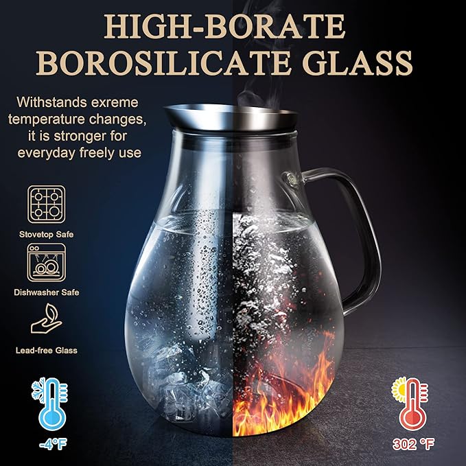 SUSTEAS 2 Liter Glass Pitcher, Water Pitcher with Removable Lid And Wide Handle, Easy Clean Juice Jug for Fridge, Beverage Carafe for Cold/Hot Water, Iced Tea, 1 Long-Handled Brush Included