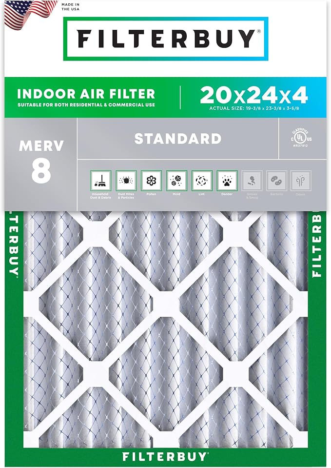 Filterbuy 20x24x4 Air Filter MERV 8 (MPR 700) Dust Defense Replacement (1-Pack), Electrostatic Pleated HVAC AC Furnace Filters, Made in USA (Actual Size: 19.38 x 23.38 x 3.63)