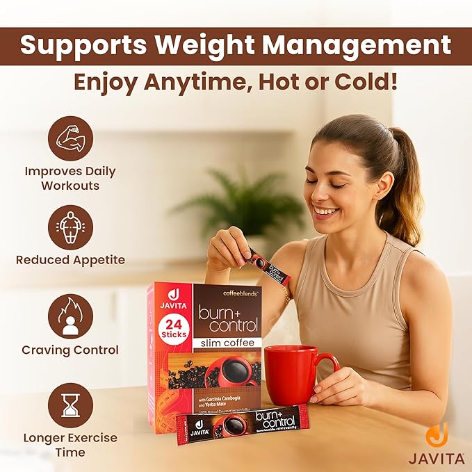 Javita Burn + Control Instant Coffee w Weight Management Herbs: Garcinia Cambogia & Yerba Mate - Slim Coffee with Help of Exercise, Keto Coffee for Diet Support, 1 box - 24 (4.55g) Sticks-FlexoryFit