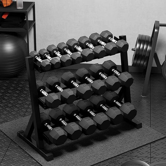 Premium Rubber Coated Hex Dumbbell Weight Set with Rack, Multiple Packages,210LB/350LB/450LB/550LB Set for Home Gym, Hand Weights for Muscle Toning, Strength Building & Full Body Workout-FlexoryFit