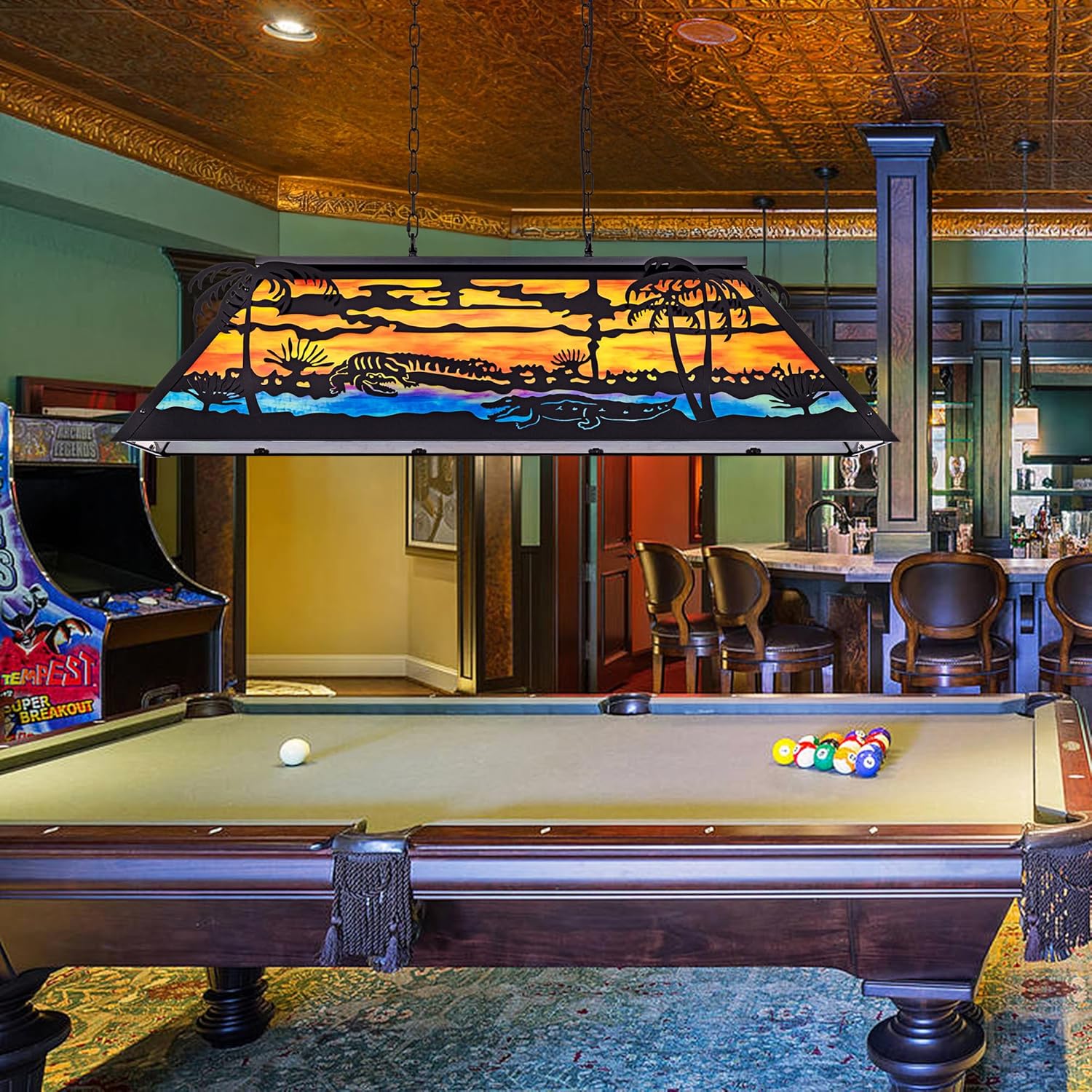 TOCHIC 48” Vintage Pool Table Light, 6-Light Farmhouse Dining Room Chandelier, Billiards Light Fixture with Tiffany-Style for Game Room Kitchen Island Chandelier Man Cave Club Bar