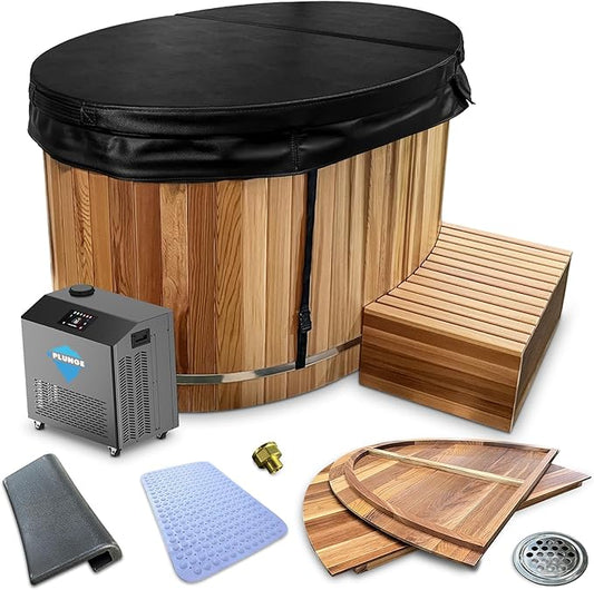 Premium 62-in. Cedar Wood Cold Plunge and Hot Tub with 1HP Chiller and Heater | Stainless Steel Tub with Wooden Step, Foldable Cover, Headrest, and WiFi App Control Chiller for Indoor/Outdoor Use