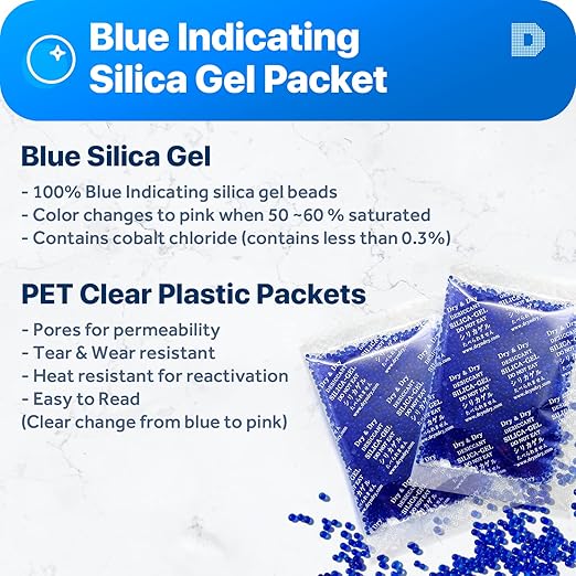 Dry & Dry 20 Gram [14 Packets] Blue Indicating(Blue to Pink) Silica Gel Packets Desiccant Silica Gel Packets - Rechargeable Silica Packets, Silica Gel, Silica Gel Packs