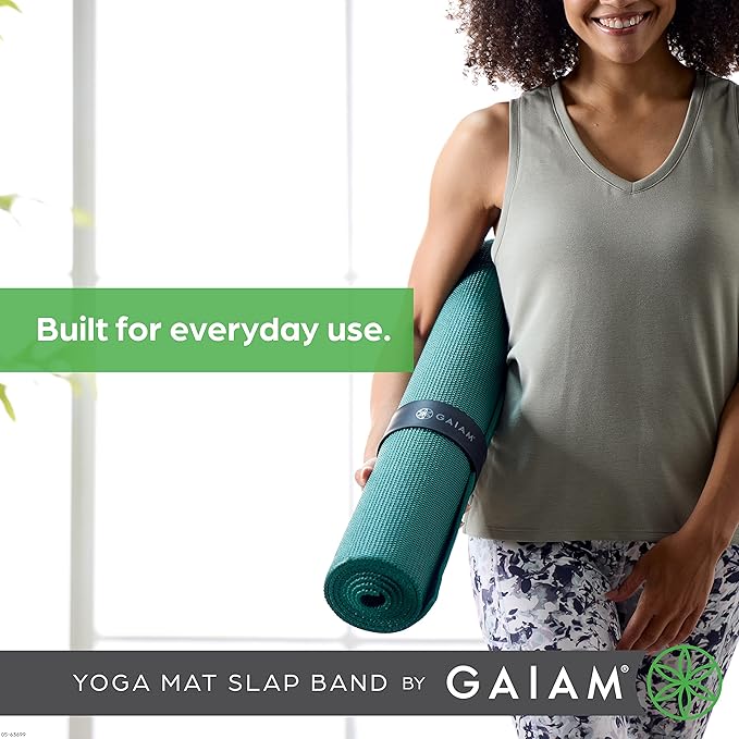 Gaiam Yoga Mat Strap Slap Band - Keeps Your Mat Tightly Rolled and Secure with One Snap - Strong Clasp for Yoga Mat Storage and Travel - Fits Most Size Mats (20"L x 1.5"W), Black-FlexoryFit