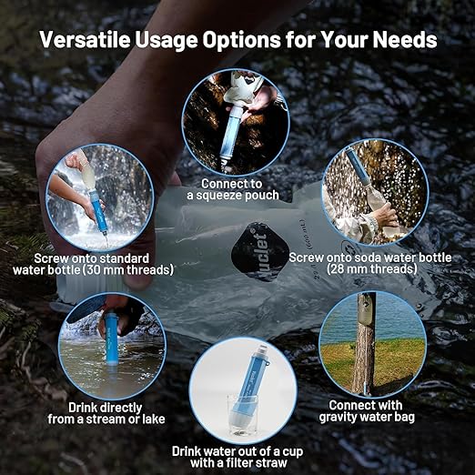 Squeeze Water Filtration System with Four 34-Oz Squeezable Pouches and 0.1 Micron Filter Straw, Portable Water Purifier Survival for Backpacking, Camping, Hiking and Emergency Preparedness