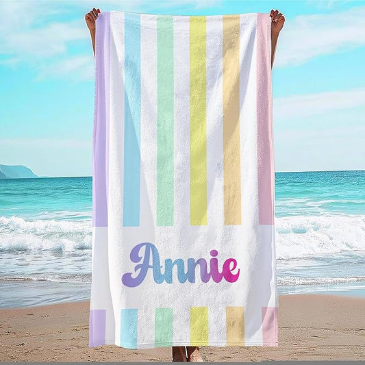 JML Personalized Beach Towel with Name, Custom Rainbow Cabana Stripe Beach Towel, Customized Microfiber Pool Towel, Quick Dry & Absorbent Swim Towel for Adult,Anniversary, Birthday, Summer Holiday-FlexoryFit