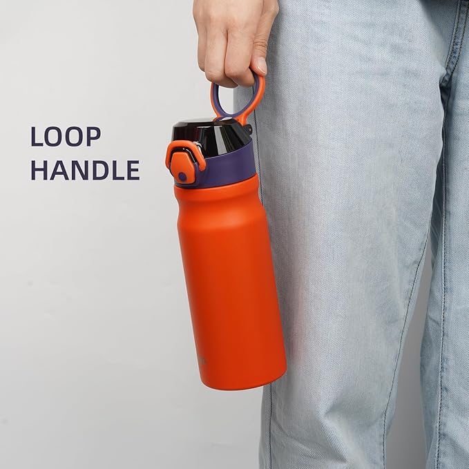 Insulated Water Bottle with Straw and Carry Loop,18 oz Stainless Steel Double Wall Vaccum Metal Water Flask with Leak-proof Lid,Orange-FlexoryFit
