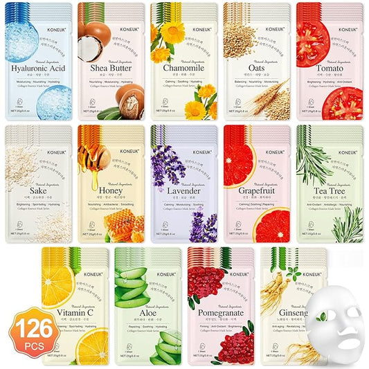 126 Pack Sheet Face Masks Skincare, Bulk Facial Mask Gifts Set for Women Skin Care, Hydrating Face Masks Suitable for All Skin Types, Face Mask Spa for Sensitive Skin-FlexoryFit