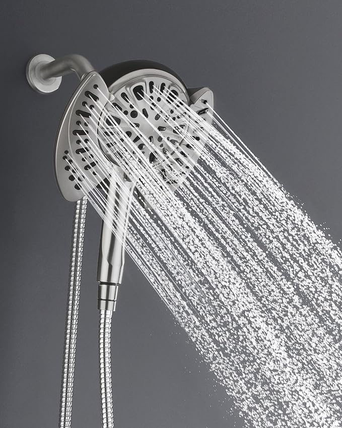 2-in-1 Shower Head with Handheld Combo: Rainfall Shower Head & Detachable Shower Head Use Together or Alone, 9 Spray Settings Showerhead with Hose Nickel, Shower Trim Systems