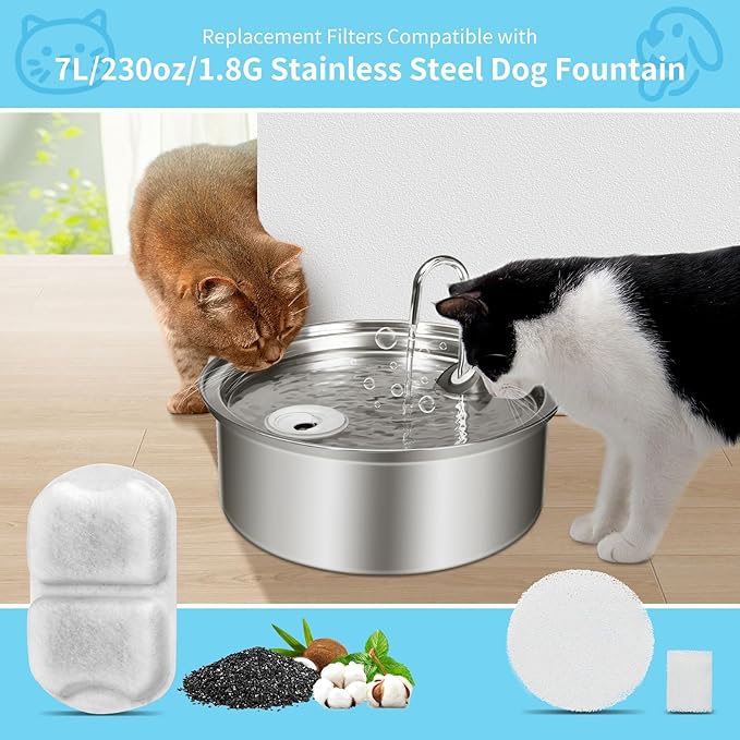 Dog & Cat Fountain Filters - Triple Action Replacement for 7L/230oz/1.8G Stainless Steel Fountain