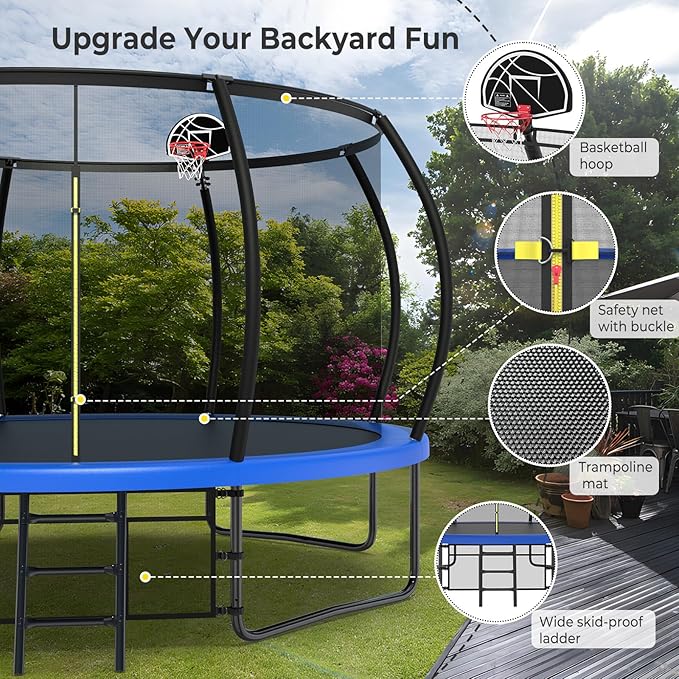 10 12 14 15 16FT Outdoor Trampolines for Kids and Adults, Pumpkin Trampoline with Curved Poles, Recreational Trampoline with Basketball Hoop and Safety Enclosure Net for Kids and Adults-FlexoryFit