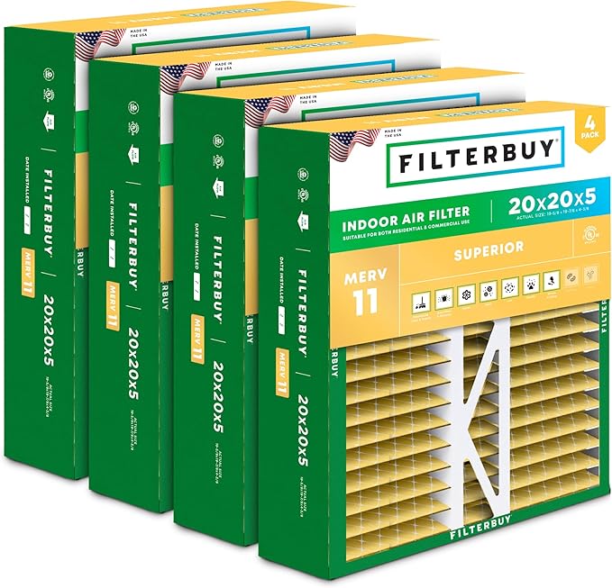Filterbuy 20x20x5 Air Filter MERV 11 (MPR 1200) Allergen Defense Replacement (4-Pack), Pleated HVAC AC Furnace Filters for Honeywell FC100A1011, Lennox X0585 & More (Actual Size: 19.63 x 19.88 x 4.38)