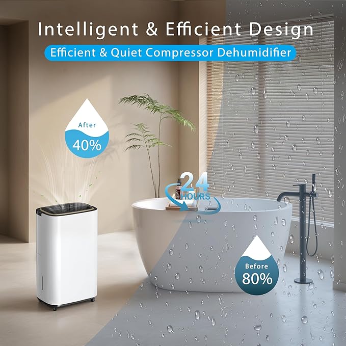 34 Pint Dehumidifier- 3000 Sq. Ft. Large Basement Dehumidifiers with Drain Hose for Large Rooms - Powerful Moisture Removal with Compressor- Dehu/Dry/Air Mode, LED Display,Timer, Child Lock