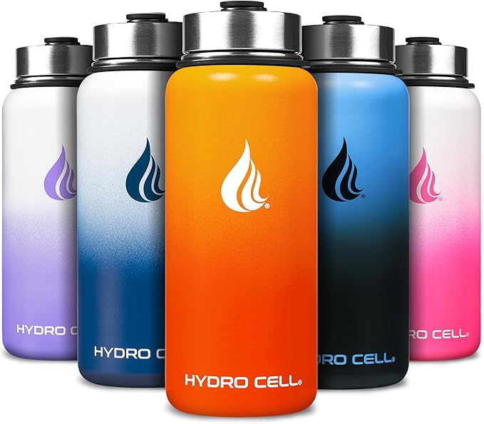 HYDRO CELL Stainless Steel Insulated Water Bottle with Straw - For Cold & Hot Drinks - Metal Vacuum Flask with Screw Cap and Modern Leakproof Sport Thermos for Adults (Red/Orange 32oz)