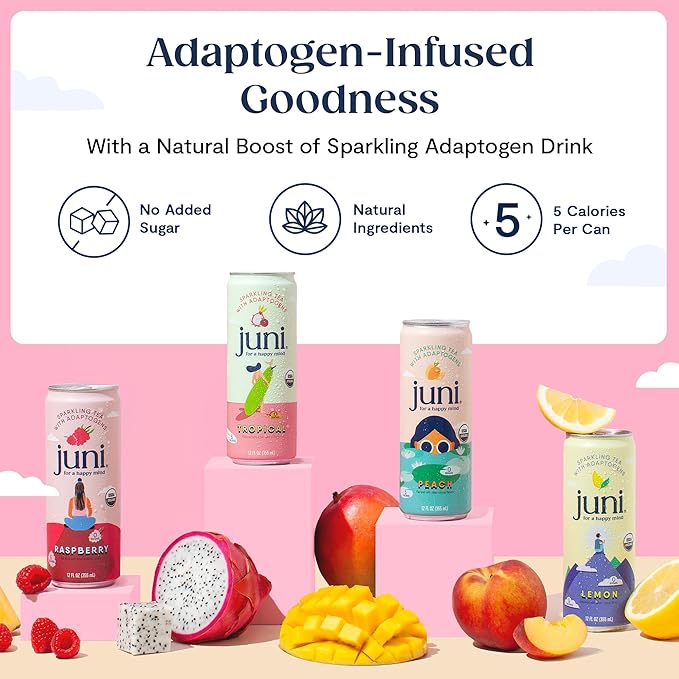 Juni Sparkling Adaptogen Drink with Ashwagandha, Lion’s Mane & Reishi Mushrooms | Green Tea for Focus, Zero Sugar, 5 Calories, Organic | Non Alcoholic Drinks - Lemon 12 pack-FlexoryFit