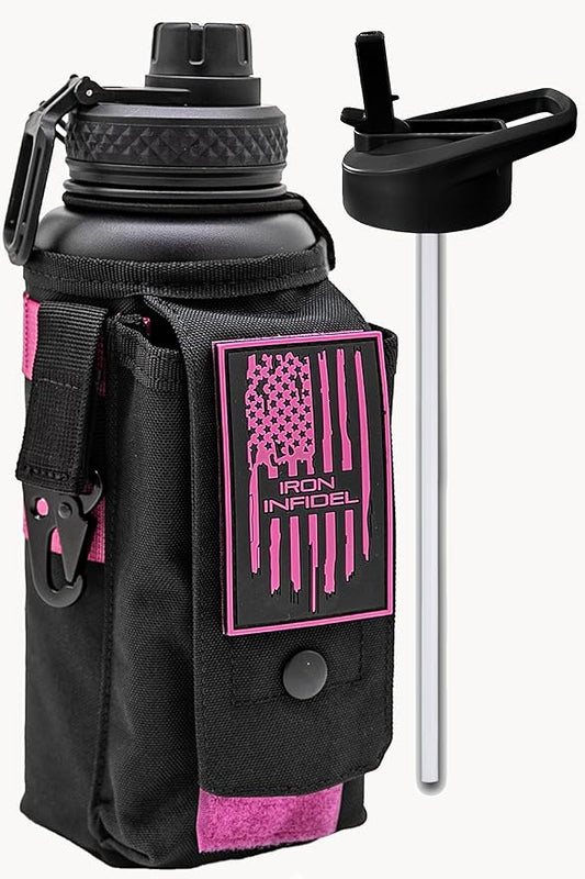 Iron Infidel Battle Bottle - 32 Oz Insulated Water Bottle with Straw Lid & Chug Cap, Stainless Steel Metal Flask Includes Rugged, Removable Sleeve for Keys, Wallet, & Phone (Black/Pink 1 Liter)-FlexoryFit