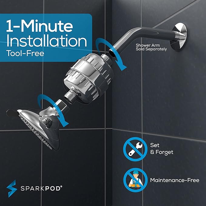SparkPod 23-Stage Filtered Shower Head with 3 Spray Settings - High Pressure Shower Head with Filters for Dry Hair and Skin - Showerhead with Filter Reduces Chlorine & Heavy Metals (Polished Chrome)
