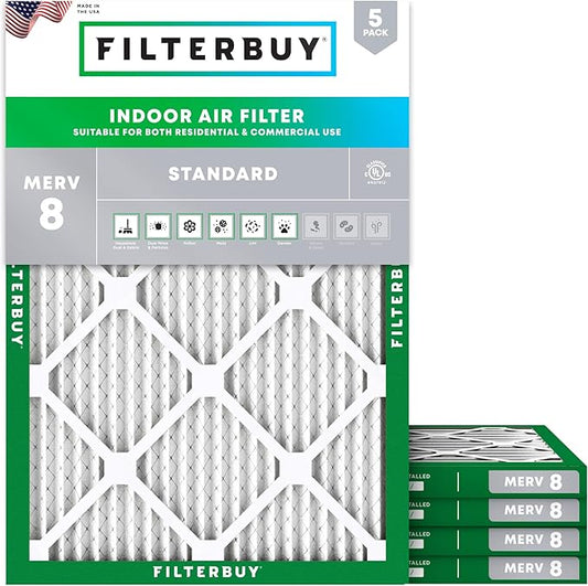 Filterbuy 20x25x1 Air Filter MERV 8 (MPR 700) Dust Defense Replacement (5-Pack), Electrostatic Pleated HVAC AC Furnace Filters, Made in USA (Actual Size: 19.50 x 24.50 x 0.75)
