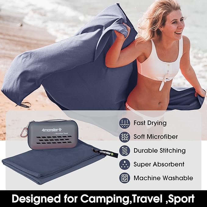 4Monster Camping Towels Super Absorbent, Fast Drying Microfiber Travel Towel, Quick Dry Ultra Soft Compact Gym Towel for Swimming Beach Hiking Yoga Travel Sports Backpack (71.00" x 35.00", Navy Blue)-FlexoryFit