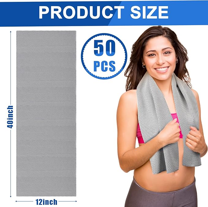 Shellwei 50 Pcs Cooling Towel 40 x 12 Inch Microfiber Workout Towels Breathable Chilly Towel Ice Cool Cold Towels Bulk Fast Drying Absorbent Sweat Rag for Neck Yoga Sports Golf Gym-FlexoryFit